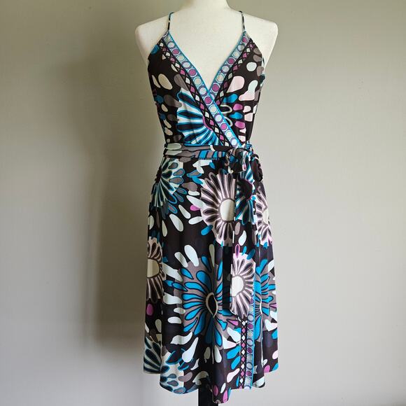 Donna Morgan Dress Womens 10 Dark Floral Halter Wrap Midi Jersey Knit Y2K Whimsy - Picture 1 of 9